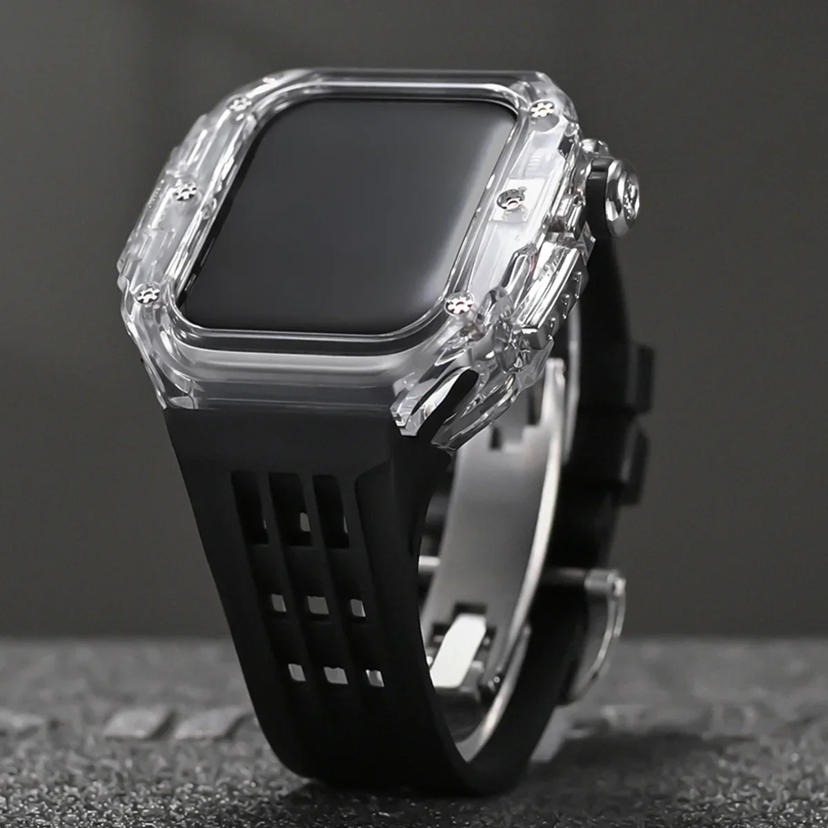 Luxury Modification Kit for IWatch Series 9 8 7 6 5 4 SE 45MM 44MM Transparent Case+Rubber Strap for Apple Watch 9 45mm Mod Band