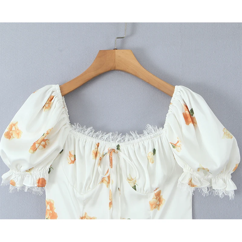 YENKYE Lace Spliced Stampa floreale Elegante A-line Abiti estivi Donna Vintage Manica a sbuffo Vacanza Casual Abito corto 2025 Robe