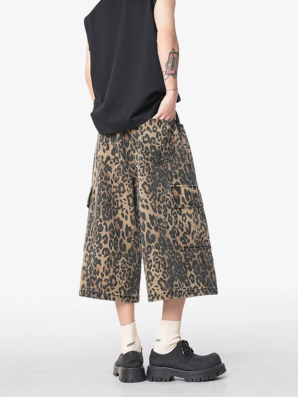 

Wassup Edzel American Retro Leopard Print Workwear Seven-Foot Pants Men's Trendy Ice Silk Thin Loose High Street orts