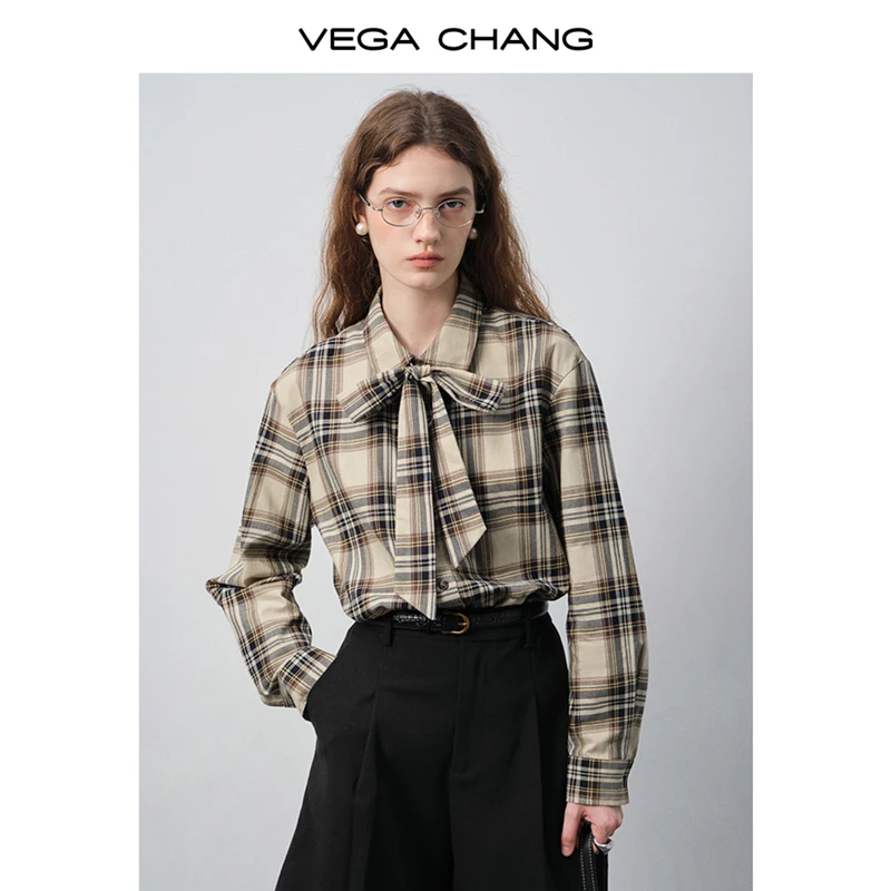 Vega Chang Nueva camisa a cuadros de otoño e invierno para mujer con decoración de lazo, camisa holgada informal de manga larga