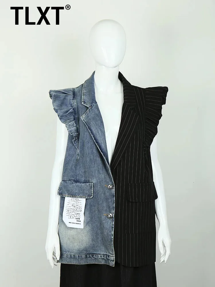 

TLXT Fashion Women's 2025 Summer Patchwork Haute Design Striped Denim Suit Waistcoat Ruffled Single-breasted Vest Coat XK1356