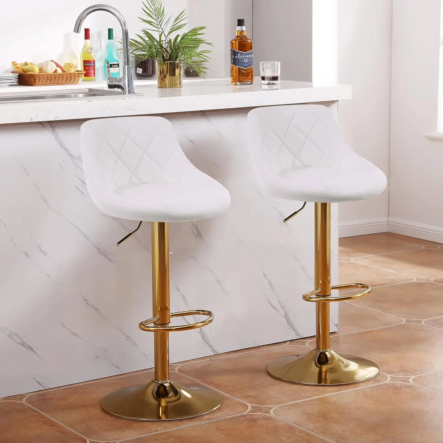 

White PU Leather Swivel Counter Height Bar Stools, Adjustable Bar Chairs Set of 2, Modern Barstools Lift Stools with Mid Back