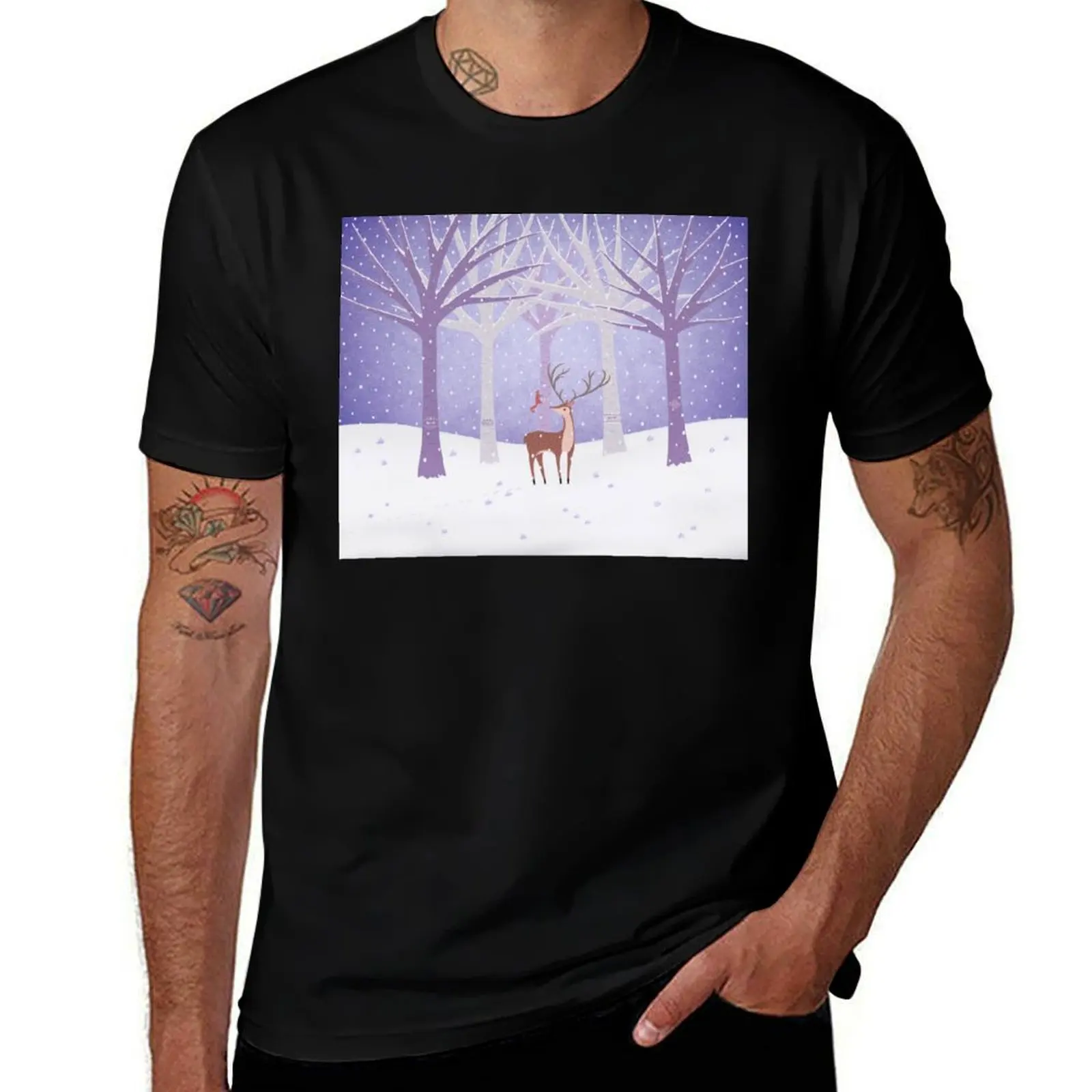 Deer - Squirrel - Winter - Snow Forest T-Shirt Street Fashion Casual Tee Shirt T-Shirt