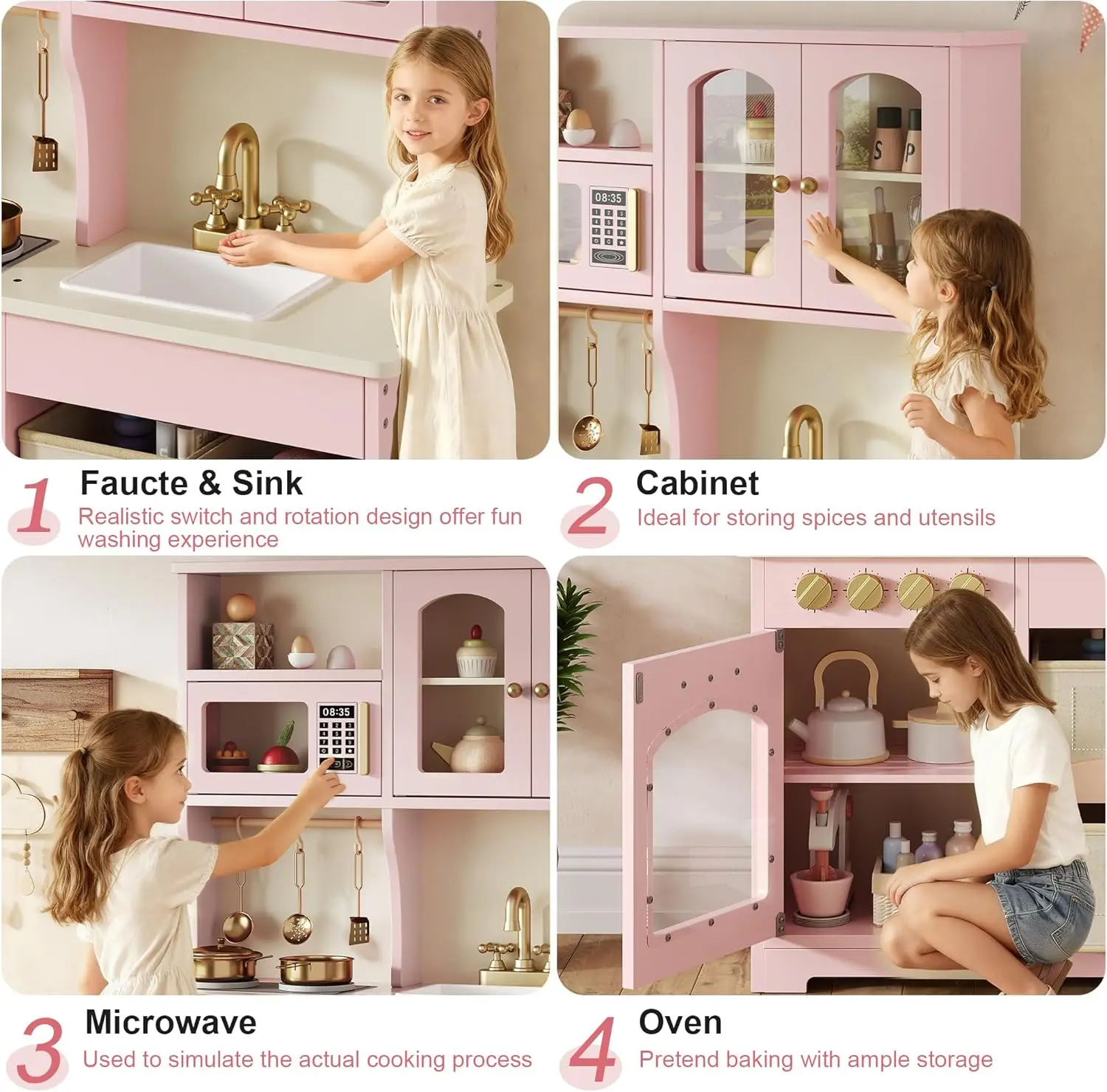 Pink Wooden Toddler Kitchen Playset – Pretend Stove & Oven with Smart Storage and Accessories, Ideal Gift for Ages 3+ image 4