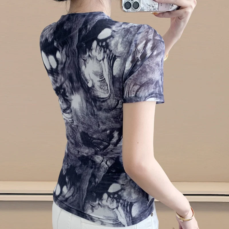 Design Vintage Ink Painting Mesh Pleated T-shirt Women's Elegant Square Neck Short Sleeved Slim Top Streetwear Summer Tees