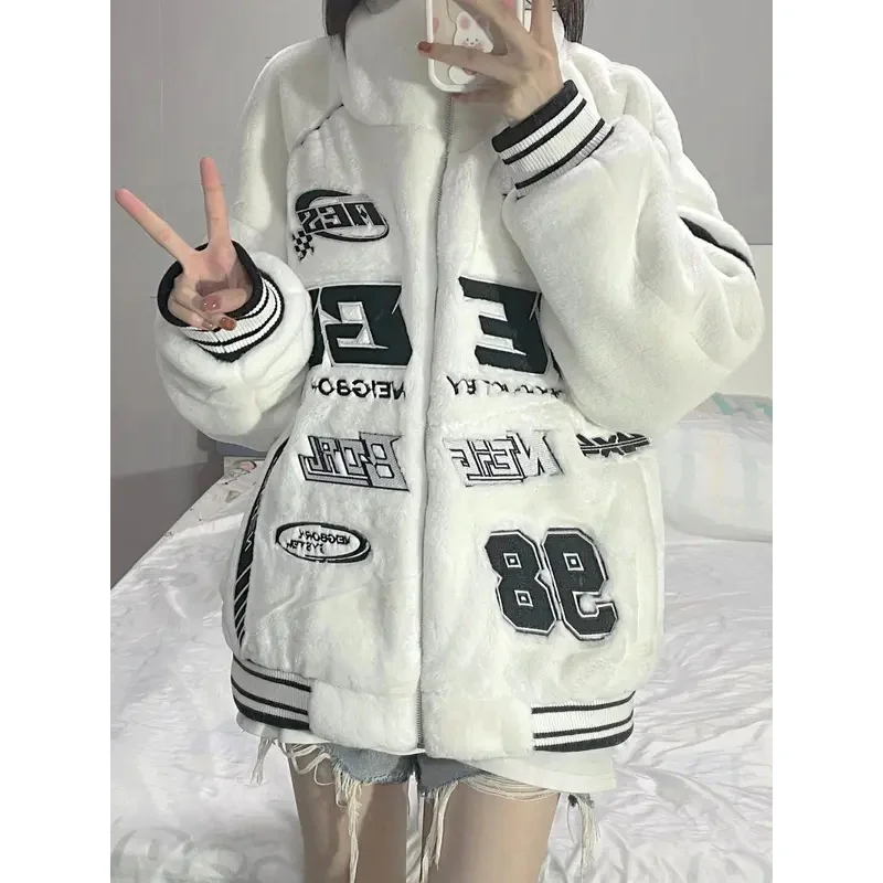 Racing Suit Personality Printed Lamb Coat Female Y2K Street Fashion Loose Winter Couple Cotton JacketTop 2024 New Trend Jackets