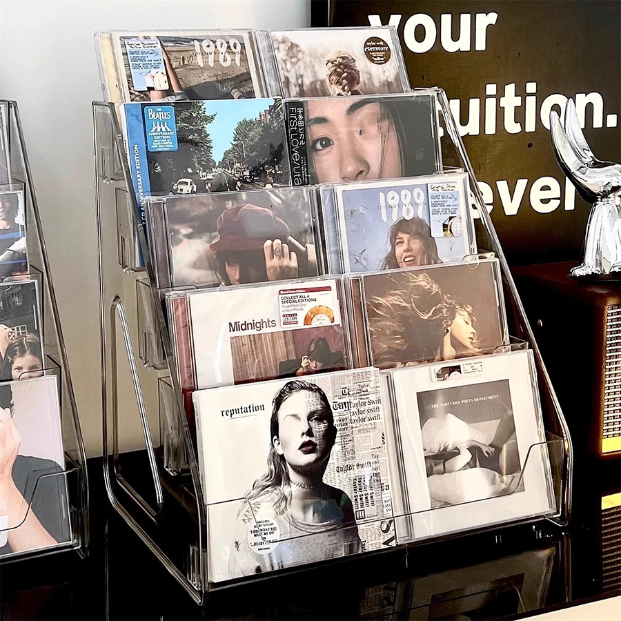 CD Rack Vinyl Record Album Display Stand Transparent Acrylic Disc Tape Storage Organizer Bar Trinket Holder