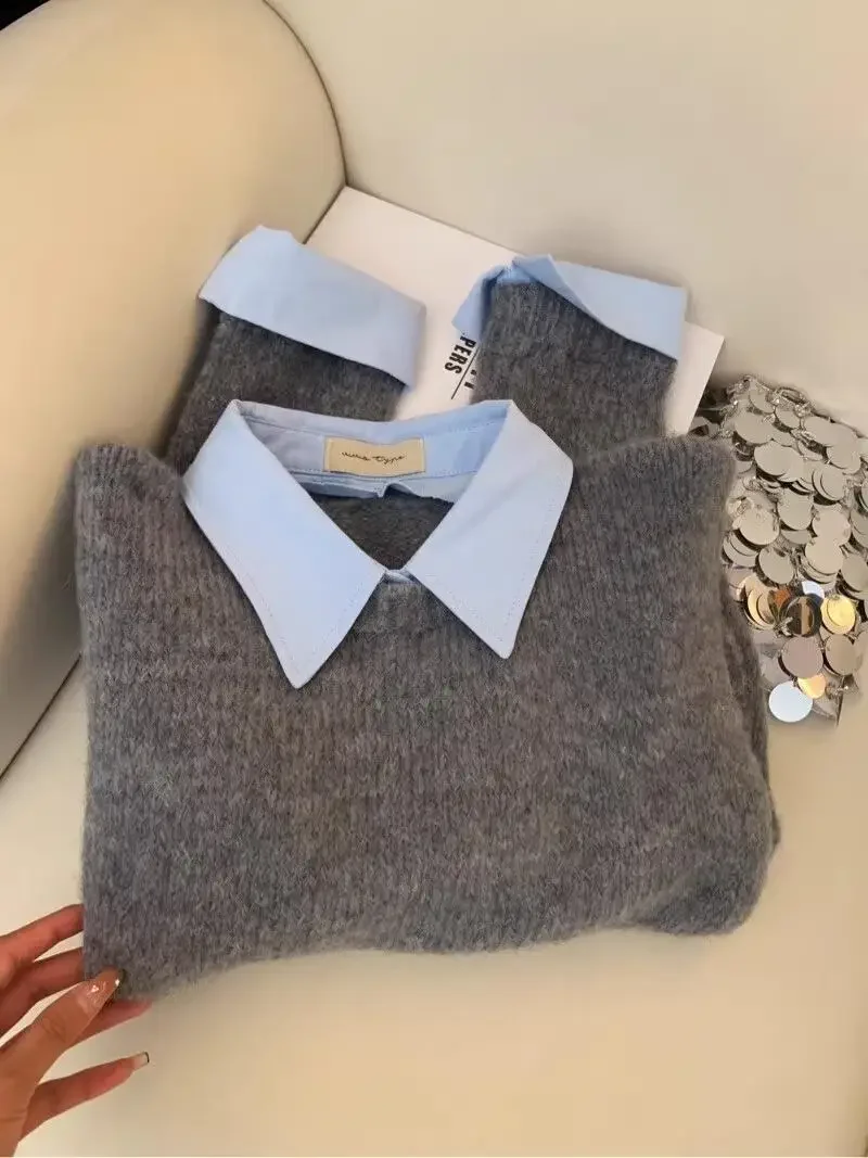 Shirt Collar Long Sleeved Sweater Korean Fake Two-piece Color Block Knitted Pullover Top Women's Autumn Loose  Versatile Coat