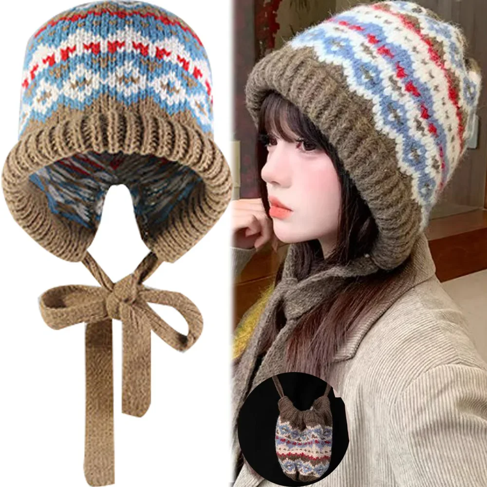 Ethnic Retro Style Brimless Hat Striped Spliced Knitted Woolen Hat for Autumn Winter Dual-use Crossbody Bag Ear Protection Caps