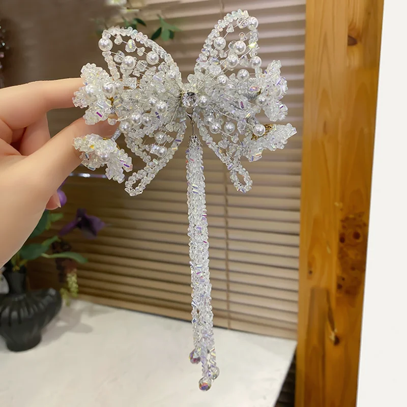 Chinese Style Butterfly Spring Clip Hand Woven Crystal Tassel Hair Clip Low Ponytail Barrette Luxury Daily Party Hair Accessory