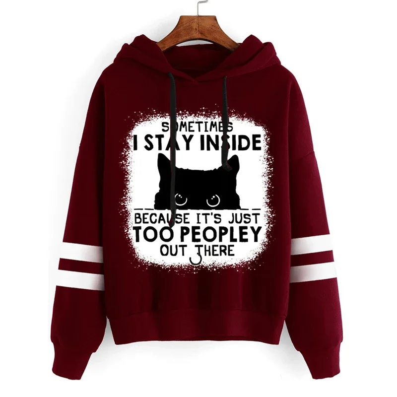 Letter I Stay Inside Too People There Graphic Cat Hoodies Girl Pullover Sweater Casual Long Sleeves Shy Cat Female Season Hoody