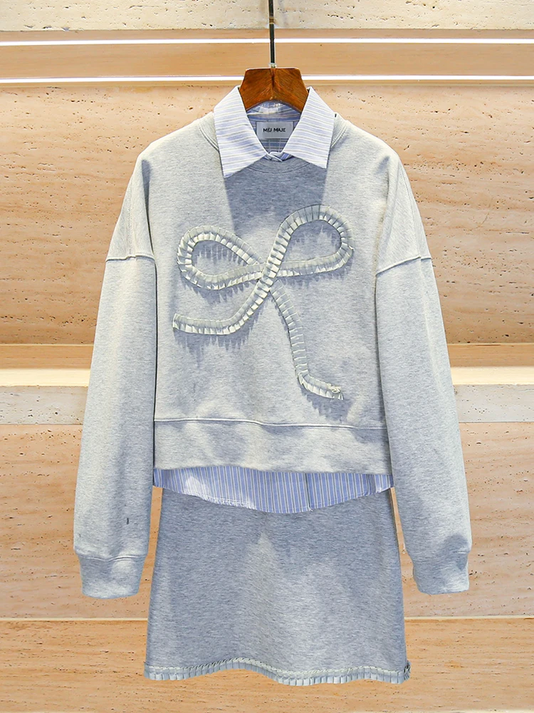 

Miumem High-End Women's Faion Set Autumn College Sle Hoodie with Bow Tie + Skirt Two-Piece Suit Polyester Fiber Long...