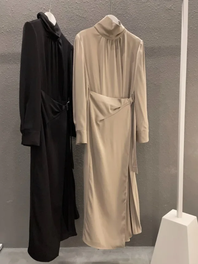 Ele Frühjahr Neue Sle High-End Stehkragen Sa Taille Abnehmen Plissee Lange Dr Frauen Faionable Chinesische Marke D...