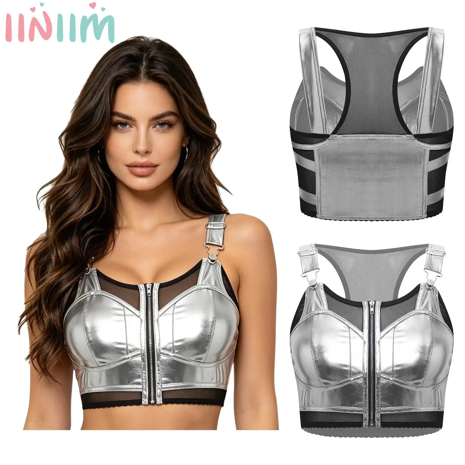 

Женский укороченный топ в стиле панк: блестящий металлический и прозрачный сетчатый жилет с вырезами для гоу-гоу танцев и выступлений в ночных клубах