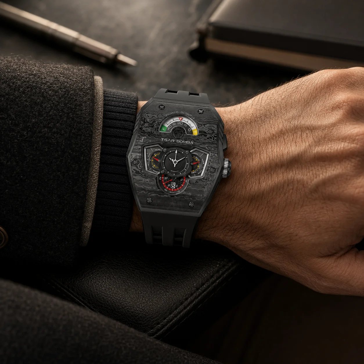 TSAR BOMBA Men Automatic Watch Miyota Movement Sapphire Crystal Ceramic/Carbon Fiber Bezel FKM Strap 50M Waterproof Luminous