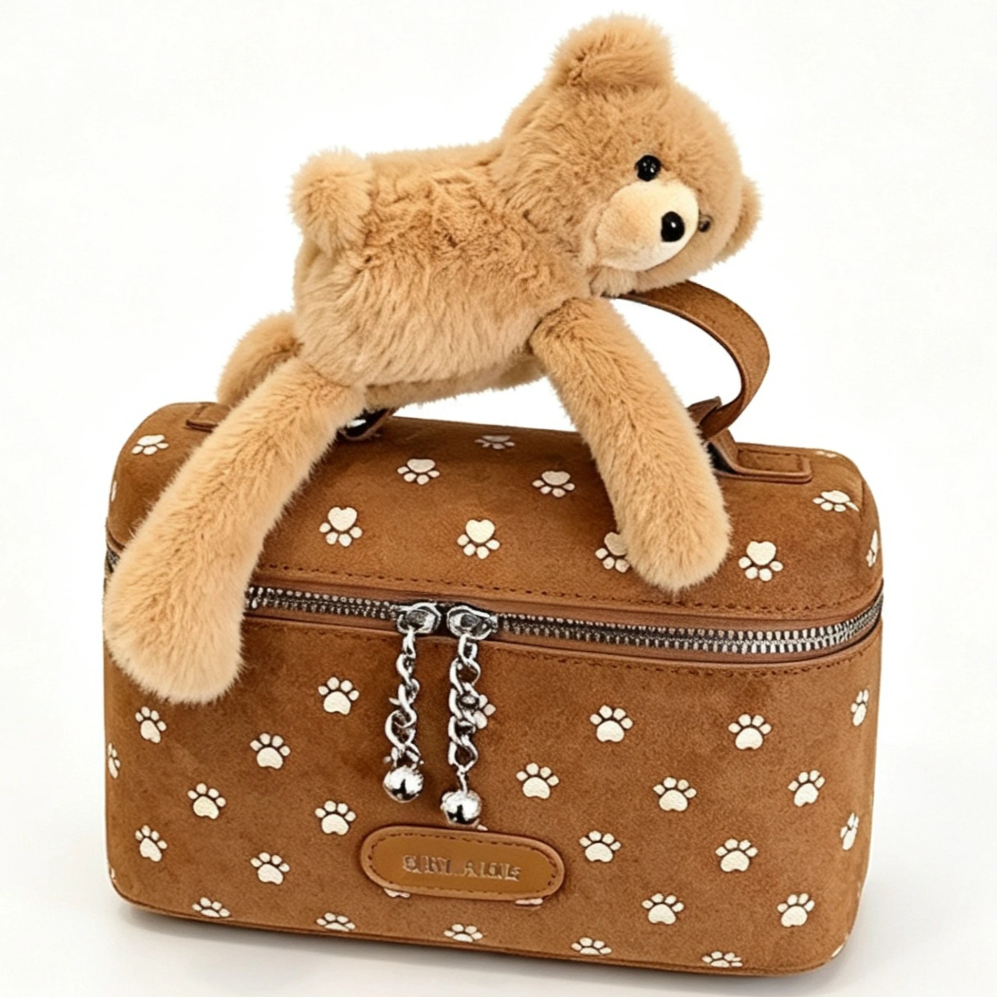Coffee Pink Cute Brown Paw Bear Print Suede Box Bag Chain PU Leather Crossbody Shoulder Handbag Vintage Purse For Women Girls