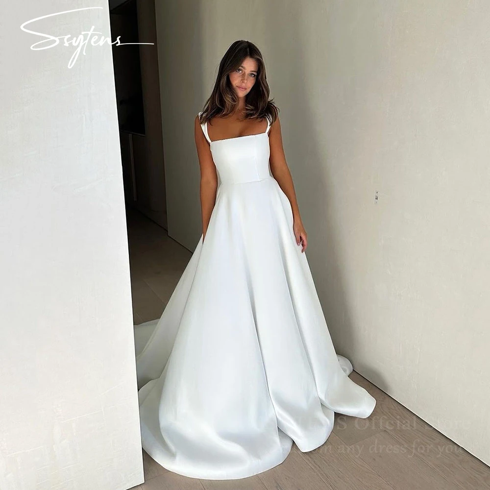 

SSYTENS Backless Wedding Dresses Elegant Spaghetti Straps Brides Gowns Bespoke Simple White Long Ceremony Wedding Party Dress