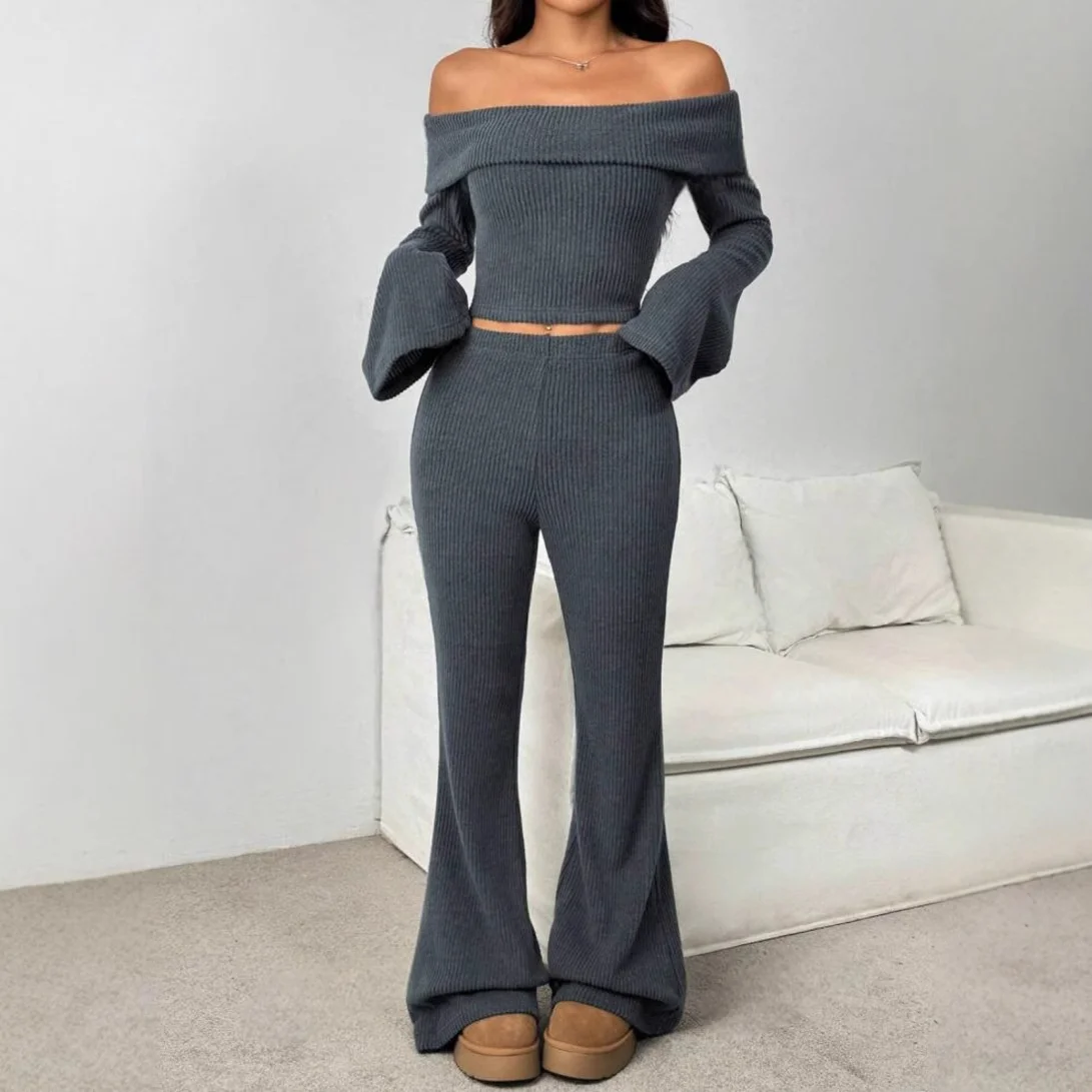 

Sexy Faion Knitted Set Women's Long Sve One-oulder High Waist Pants Autumn Wear Comfortable Breathable Pure Color Two-...