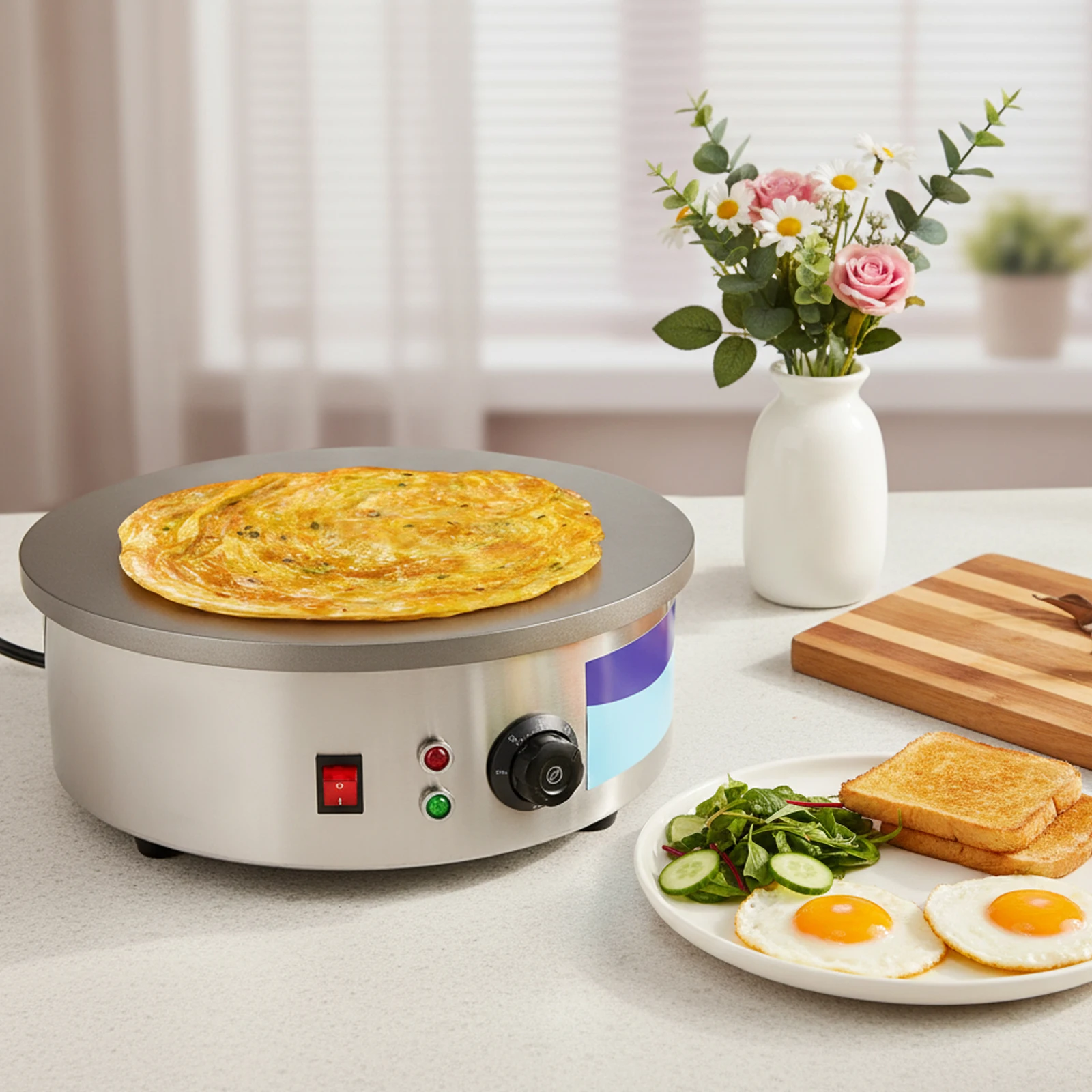 Crepera elettrica da 3KW, macchina per fare crepe, colazione, pancake con spalmatore e spatola 50-300 ℃ /122-572 ℉ per la casa, la panetteria