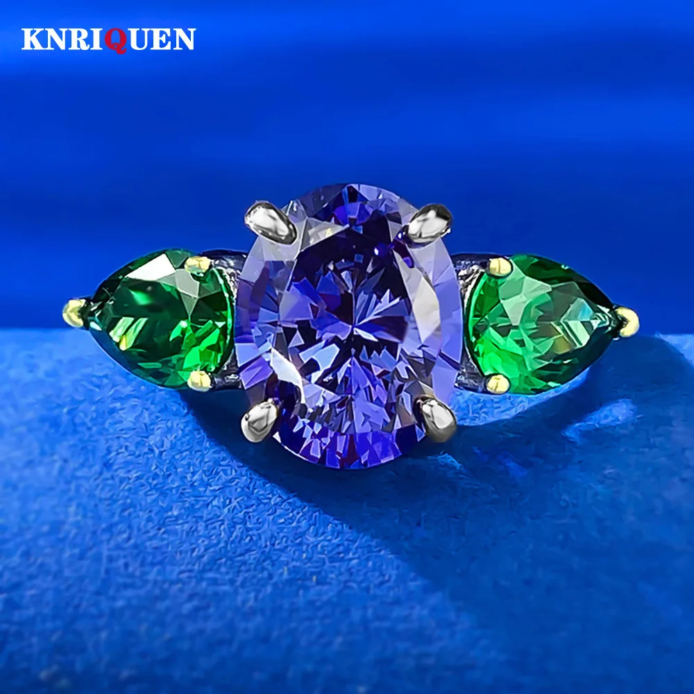 

Vintage 925 Sterling Silver 8*10mm Sapphire Tanzanite Ring Charms Emerald Gemstone Party Fine Jewelry Ring Accessories for Women