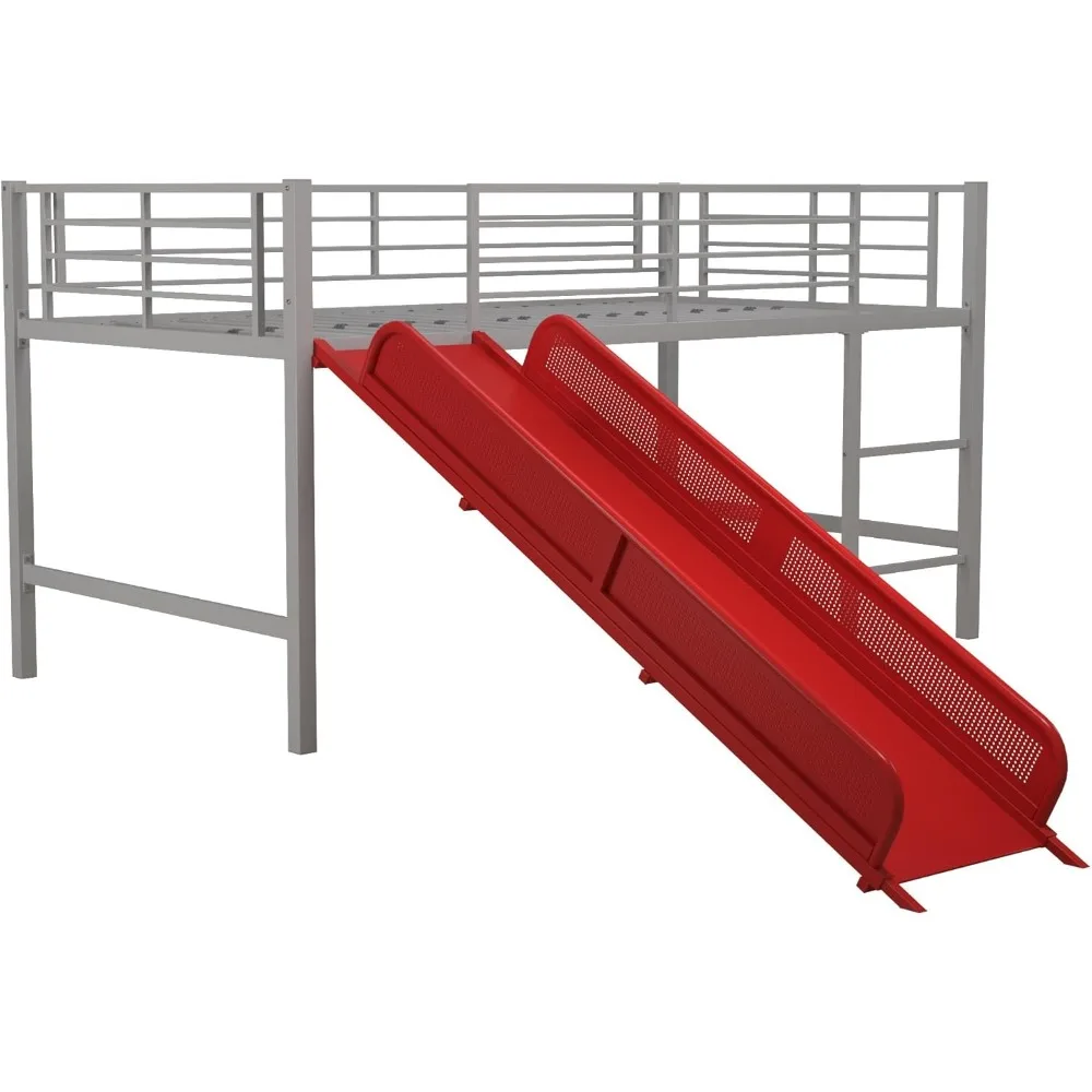 

DHP Junior Twin Metal Loft Bed with Slide, Multifunctional Design, Silver with Red Slide