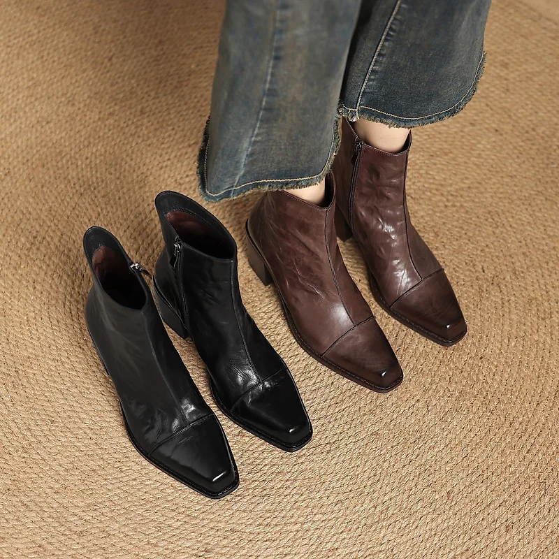 2026 autumn winter women ankle boots natural leather 22-25cm washed cowhide+microfiber+pigskin/plush side zip women short boots