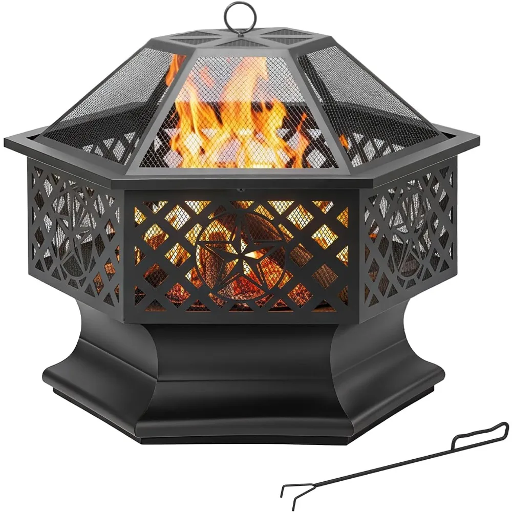 Outdoor Hexagonal Wood Burning Fire Pit with Spark Screen and Poker, 28 Inch Metal Fire Pit for Outdoor Use