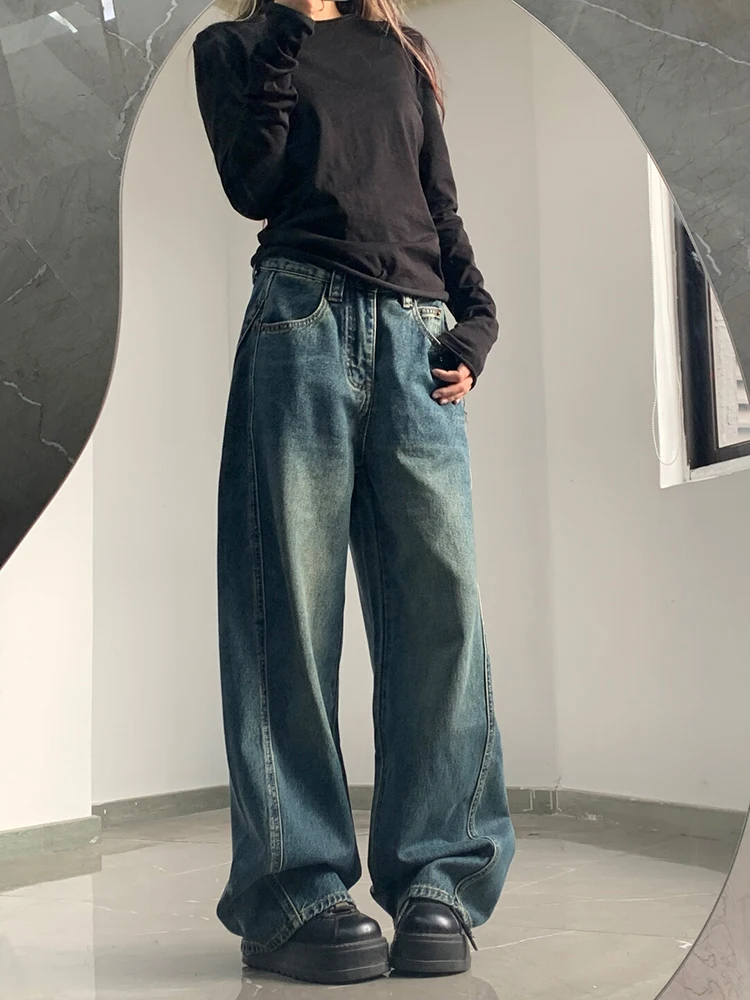 กางเกงยีนส์เอวสูงทรงขากว้างสำหรับผู้หญิง ฤดูใบไม้ผลิ 2025 รุ่นใหม่ ทรงหลวม สไตล์วินเทจ ดีไซน์ทรงขวาน ลำลอง ทรงขาตรง