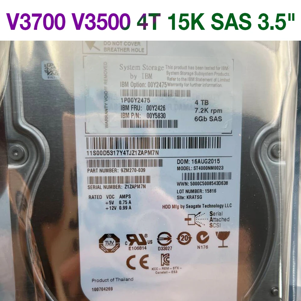 1PCS 00MJ129 00Y2426 00Y2475 HDD For IBM Hard Disk V3700 V3500 4T 15K SAS 3.5