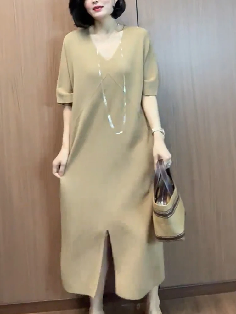 

Korean Sle Lazy Faion High Slit Slimming Casual Dr Khaki Color Summer 2025 plus Size Long Dr Snow Dreng