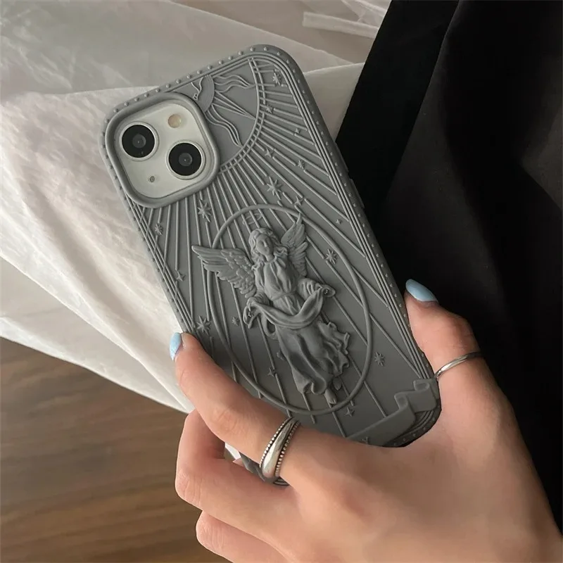 Vintage Freedom Angel Statue 3D For Phone Case For iPhone 15 14 13 12 Pro Max European Soft Silicone Anti-drop Shockproof Back C