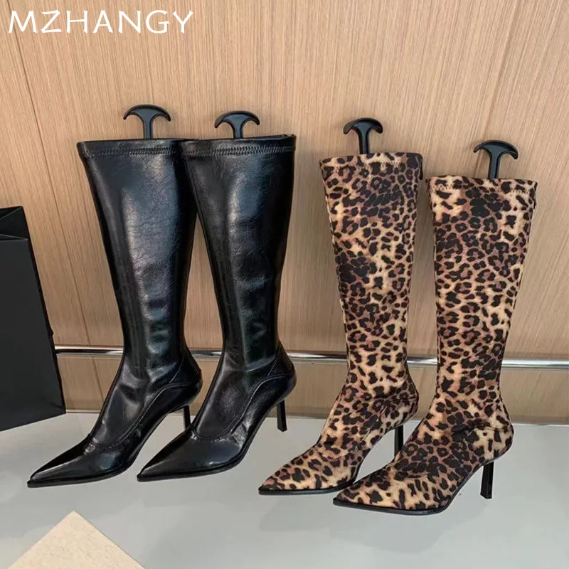 Leopard Women High Boots Sexy High Heels Pointed Toe Shoes Elegan Trend Party Chelsea Boots Pumps Luxury New Mujer Snow Botas