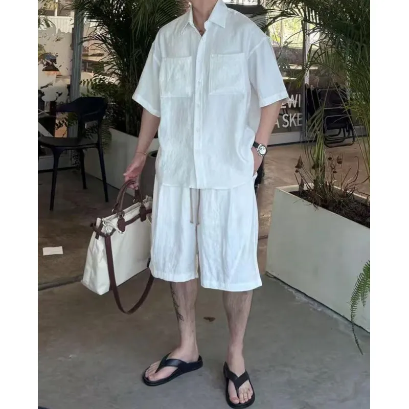 Summer Simple Versatile Shirt Set Men Loose 2 Piece Set Shirt Shorts Elegant Vacation Beach Set Casual Business Men Clothing
