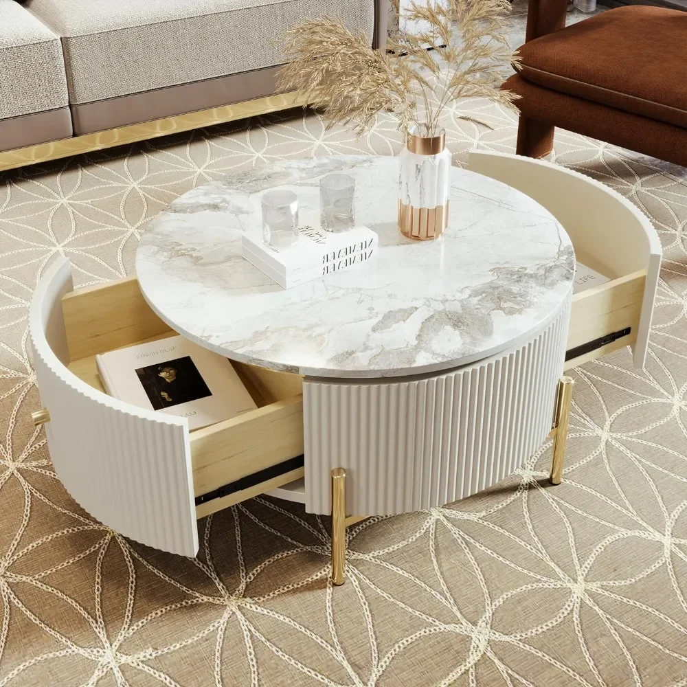 Coffee Table with Drawers Round Drum with Golden Legs Circular Center Tables with Marble Pattern Top, Coffee Table