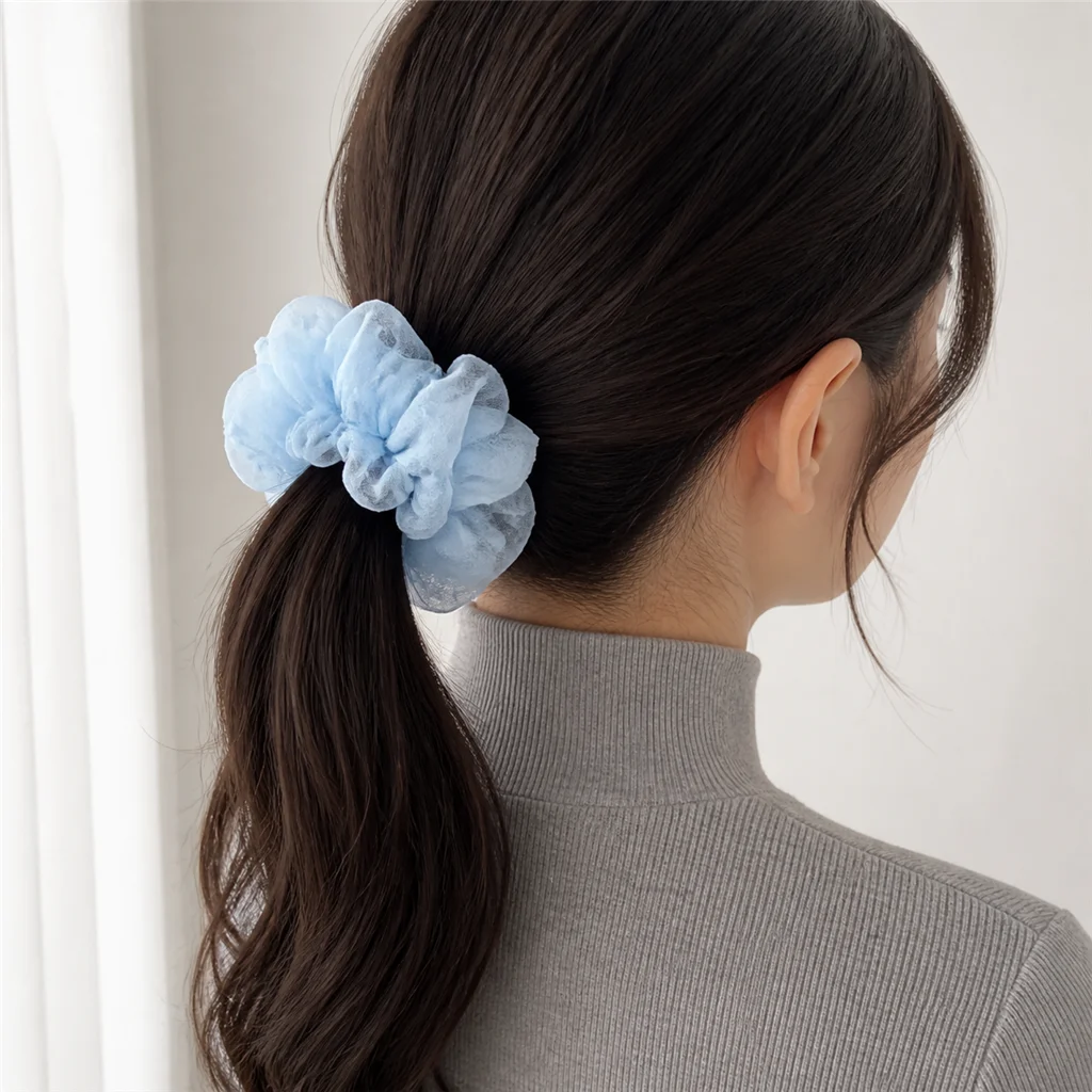 Powder Blue Flocked Dot Sheer Single-Layer Scrunchie Oversized Handmade Organza-Like Hair Tie for Women 5