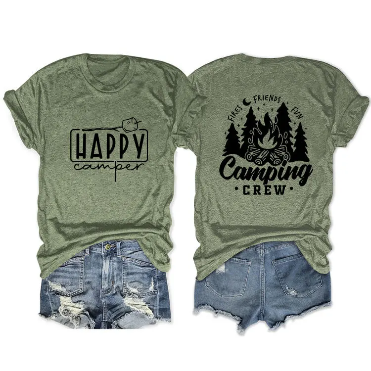 Summer casual crew neck T-shirt fires friends fun happy camper Front and back print loose short sleeve fashion top