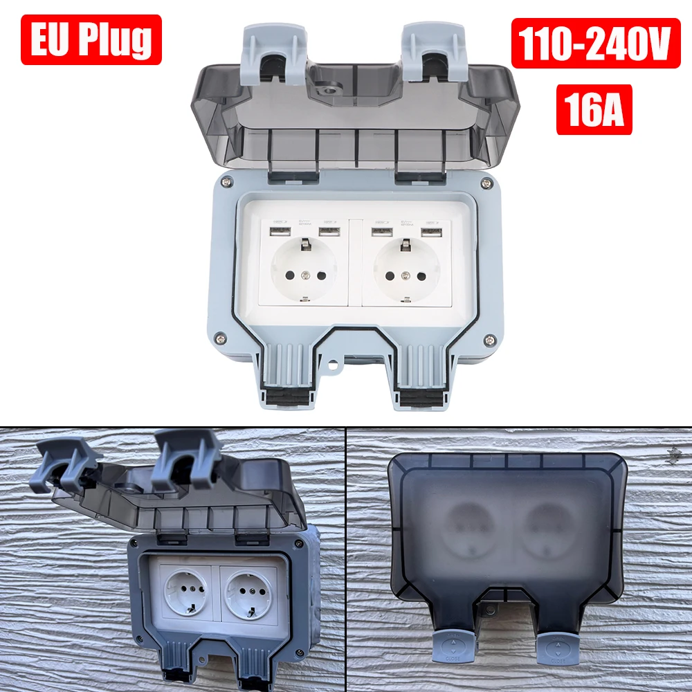 

С USB-зарядкой, двойная розетка европейского стандарта для дома и сада, розетка для выключателя питания, уличная настенная розетка 16A, IP66, защита от атмосферных воздействий