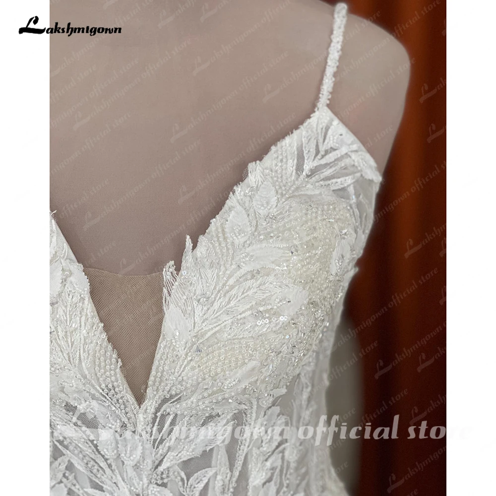 Lakshmigown-Off-White Longo Brilhante Vestidos De Noiva, Lace-up, Beading Apliques, Vestidos De Casamento, Correias De Espaguete De Luxo