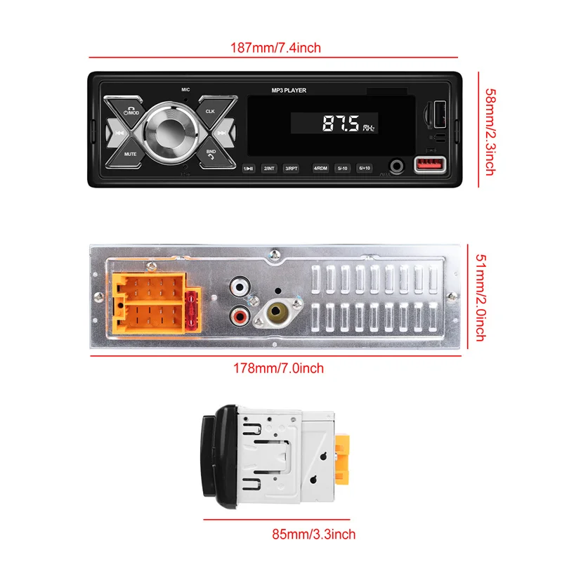 1-dinowa radio samochodowe Audio Stereo Odtwarzacz MP3 Bluetooth Multimedialne cyfrowe stereo do samochodu Uniwersalne kolorowe z wejściem Aux USB