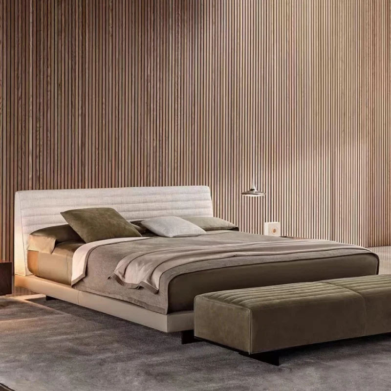 Italian minimalist master bedroom double bed, modern minimalist cotton and linen fabric soft bag bed