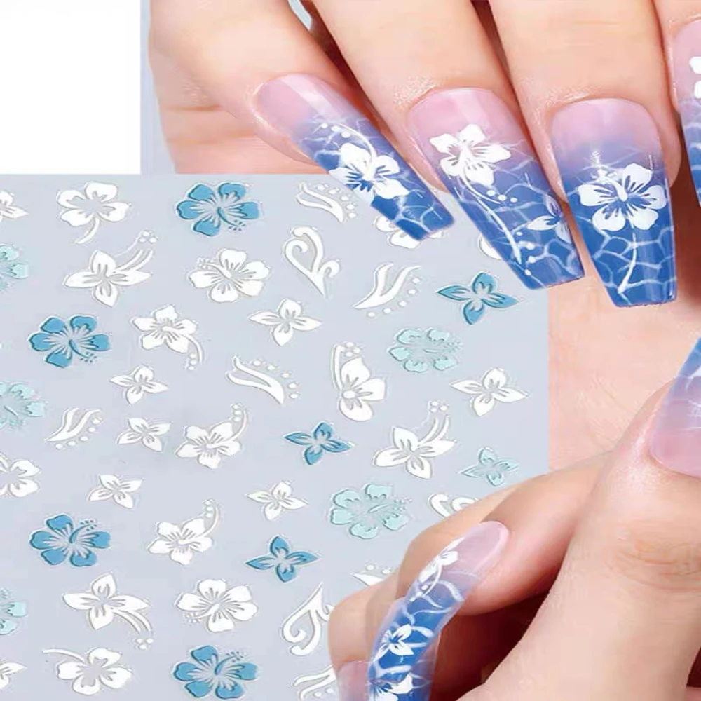 8pcs/Set 5D Hibiscus Flower Nail Embossed Stickers Acrylic White Pink Petal Leaf Self  Adhesive Slider Elegant Manicure Decal%*%