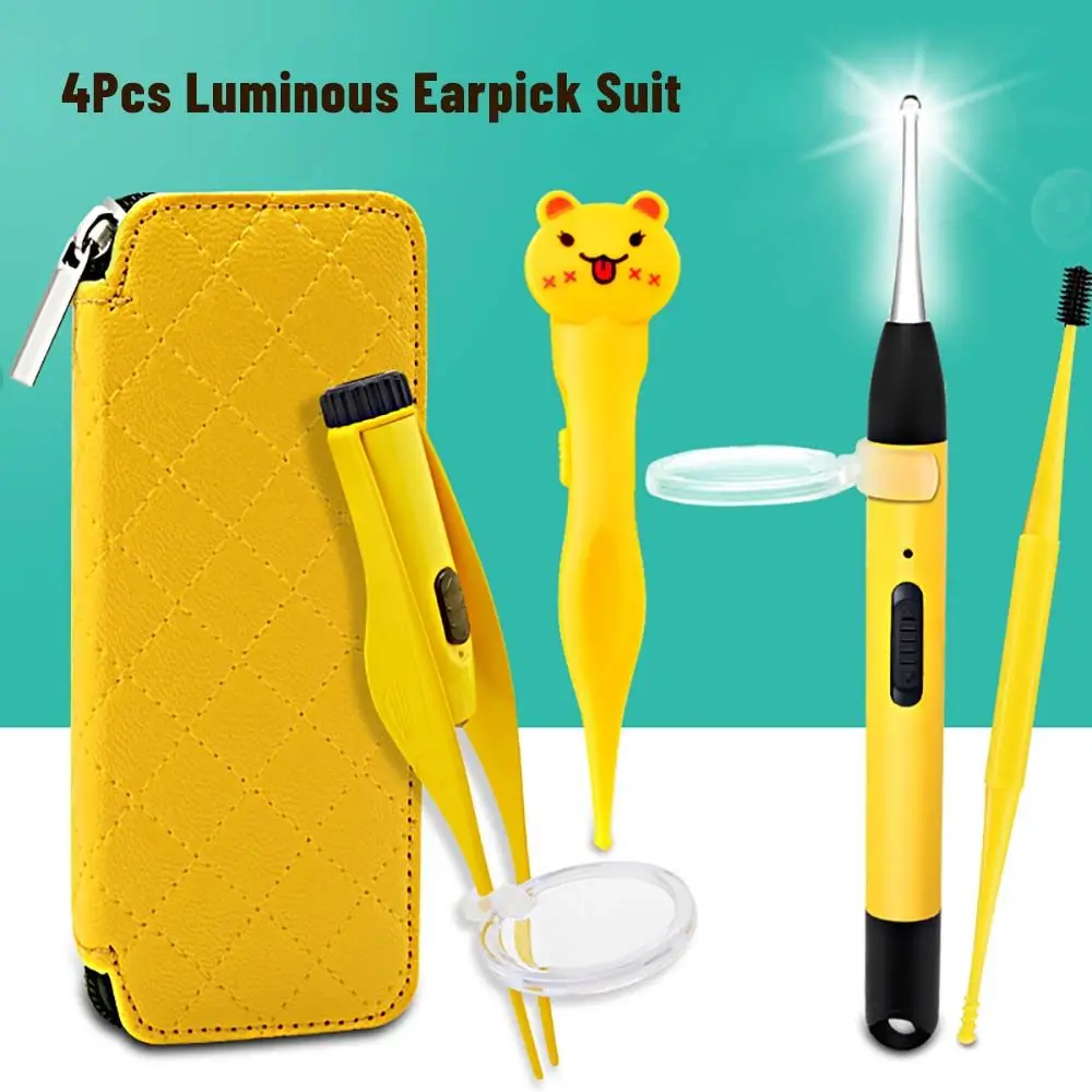 4 ชิ้น/เซ็ตเครื่องมือดูแลหูแหนบหูจมูก Curette Picker EAR WAX Remover ทําความสะอาดหูช้อน LED Light Earpick