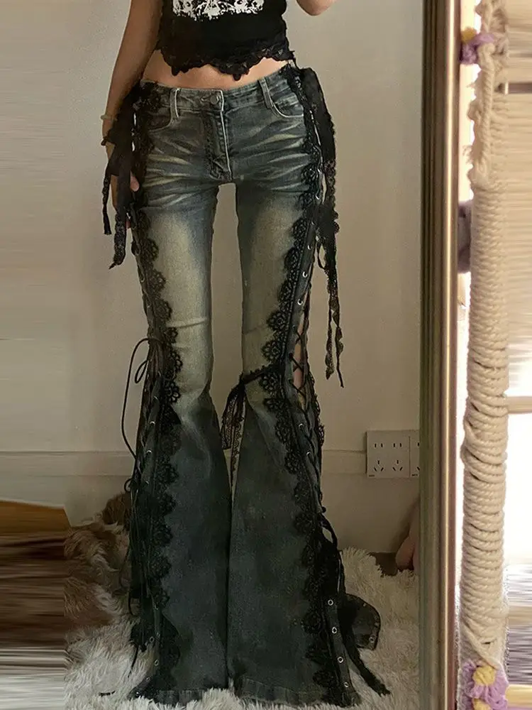 

American High Street Spice Girl Black Lace Strap Lace-up Denim Flared Pants Slim-fit Split Low Waisted Jeans Women