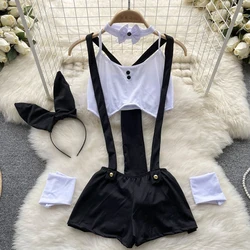 Sexy Bow Role-playing Bunny Girl Hollow Out Jumpsuit Shoulder Straps Shorts Uniform Set Exotic Pornographic Lingerie Suits Woman