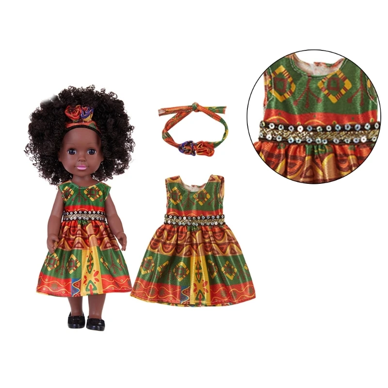 14inch Black Doll Life Like Reborns Toy Toddlers Girl African Doll with Dress RolePlaying Game Toy Kids Birthday Gift