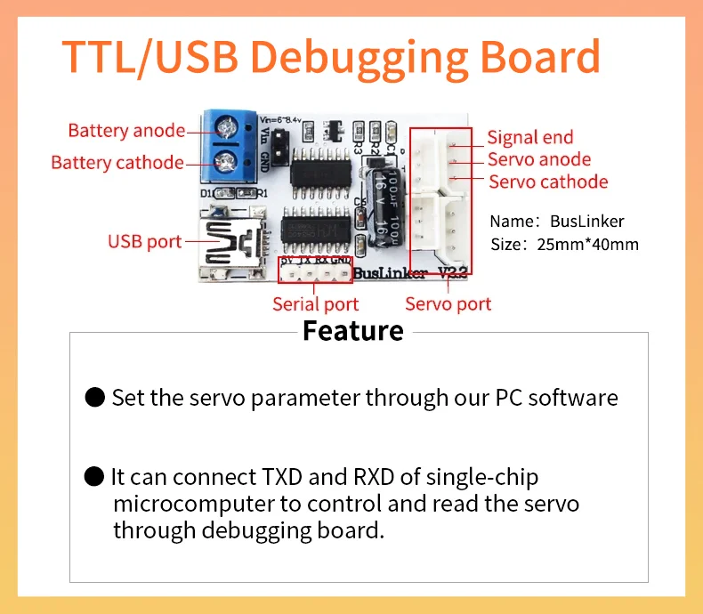 Hiwonder TTL / USB Debugging Board Buslinker for HTD-45H HTS-35H HX-35H LX-225 LX-224HV LX-15D LX-16A LX-20S etc.Bus Servo