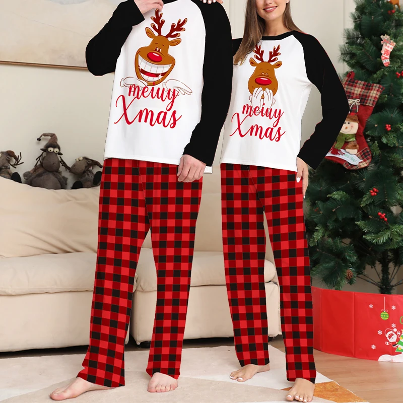 Family Christmas Pajamas Matching Set Cartoon Print Long-Sleeve Tops with Plaid Pants Home Sleepwear for Adult/Kid/Baby