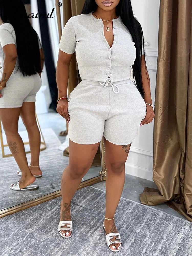 

Znaiml Fashion Ribbed Shorts 2 Piece Set Womens Short Pants and T-shirt Coat Suit Female Summer Casual Jogging Sports Outfits