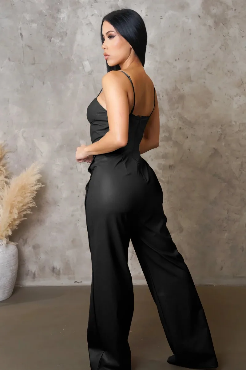 KEXU Vrouwen Zomer Wijde Pijpen Mouwloze Band PU Lederen Jumpsuits 2025 Knop Beach Club Party Outfits Eendelig Pak Romper