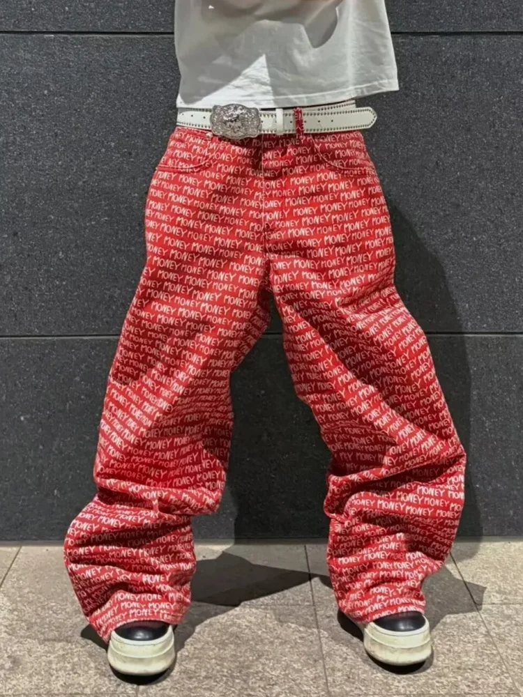 2026 Gothic Y2K Style Letter Full Printed Red Baggy Jeans Pants For Men Clothing Wide Leg Cotton Long Trousers Pantalon Hombre
